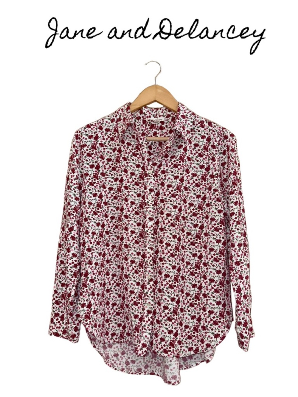 JANE AND DELANCEY Floral Long Sleeve Button Down Top Rayon Tab Cottagecore Wmn S